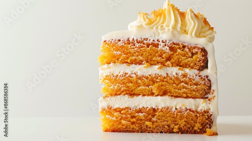 A luxurious image of a coconut turmeric cake, with its golden hue and creamy frosting, set against a minimalistic white background with soft, ambient lighting photo