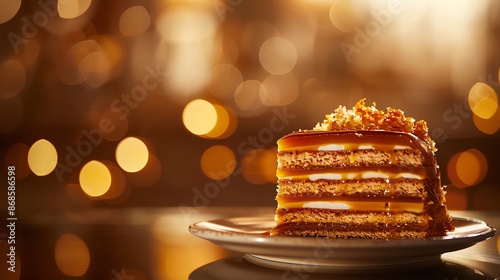 A luxurious image of a Hungarian dobos torte, with its layered sponge and caramel topping, set against an elegant backdrop with warm lighting photo