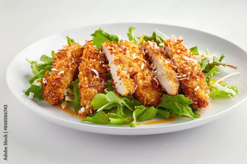 Crispy Coconut Chicken with Fresh Green Salad and Tangy Honey Mustard Drizzle Crispy Coconut Chicken with Fresh Green Salad and Tangy Honey Mustard Drizzle