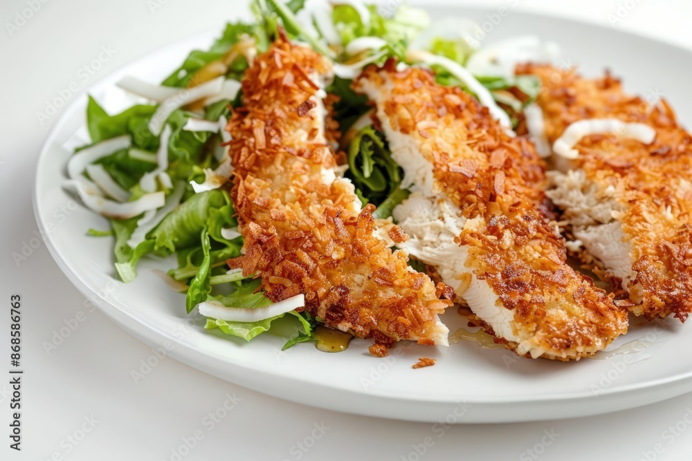 Crispy Coconut Chicken with Creamy Honey Mustard Drizzle and Fresh Green Salad Crispy Coconut Chicken with Creamy Honey Mustard Drizzle and Fresh Green Salad