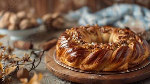 A luxurious image of a Romanian cozonac, with its sweet, nutfilled swirl and soft dough, set against an elegant backdrop with warm lighting photo