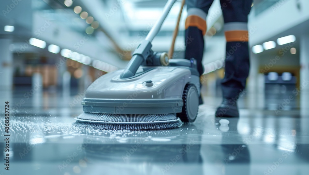 Obraz premium A cleaning person is using a yellow plastic bucket and mop to clean the floor in an office building