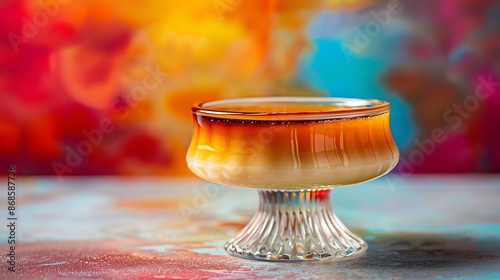 A luxurious image of Spanish flan, with its smooth, carameltopped surface, served in a stylish glass dish against a bright, colorful background photo