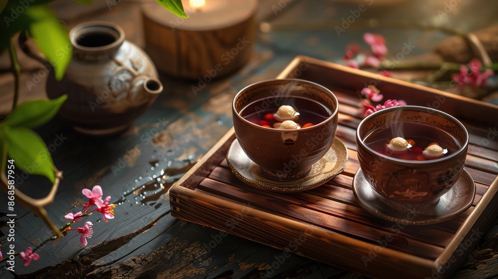 A luxurious image of zenzai dessert, with warm red bean soup and toasted mochi, placed on a traditional wooden tray with soft, ambient lighting A luxurious image of zenzai dessert, with warm red bean soup and toasted mochi, placed on a traditional wooden tray with soft, ambient lighting