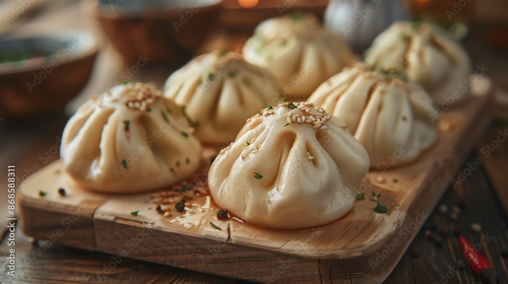 Fototapeta premium A refined closeup of Kyrgyz manty, showing its steamed dumpling dough and savory filling, placed on a traditional wooden board with soft lighting