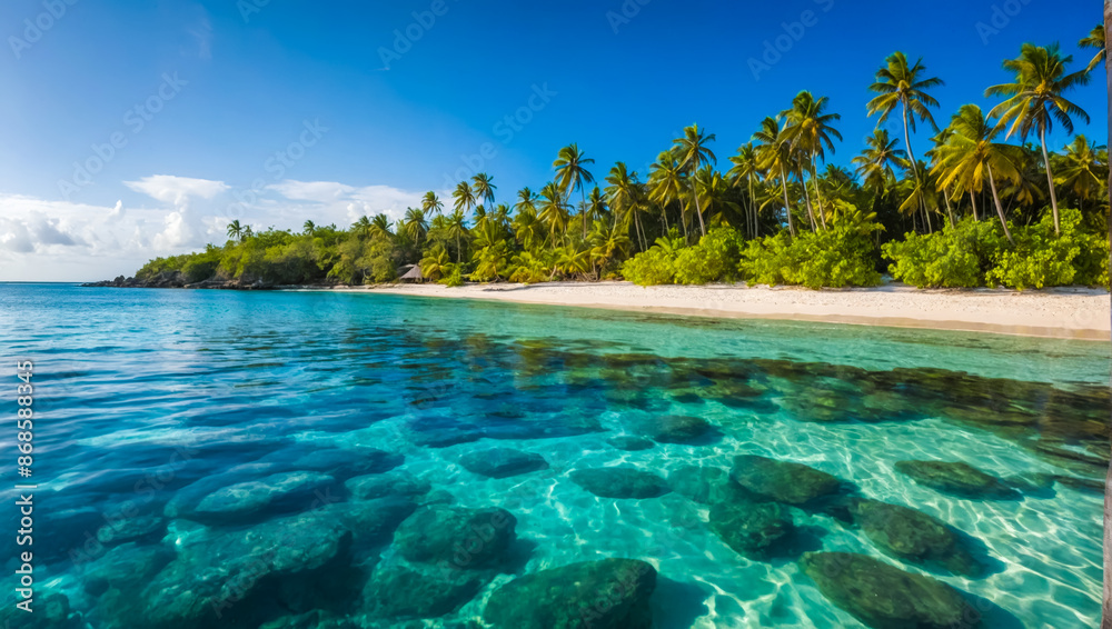Beach resort landscape, palm trees white sand ,tropic surf and horizontal sea as summer holiday vacation. , exotic travel destination Beach resort landscape, palm trees white sand ,tropic surf and horizontal sea as summer holiday vacation. , exotic travel destination