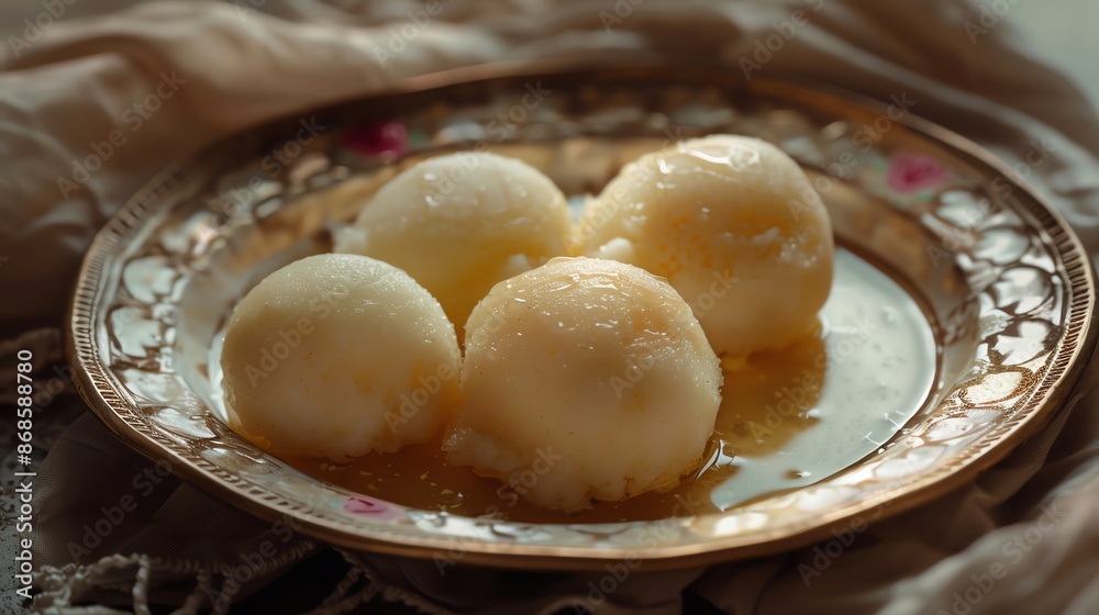 A refined shot of a traditional rasgulla, showing the soft, spongy texture and syrupy goodness, placed on a decorative plate with soft, ambient lighting