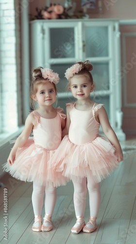 cute little ballerinas in pink ballet costume. children in a pointe shoes   © master old