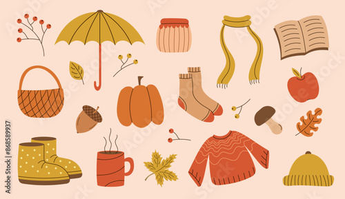 Hello autumn set. Pumpkin, acorn, umbrella, scarf, sweater, book, boots, leaves, basket. Hand drawn vector illustration.