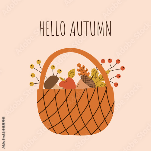 Hello autumn. Basket with mushroom, acorn, apple and leaves. Minimalistic hand drawn postcard. Vector illustration.