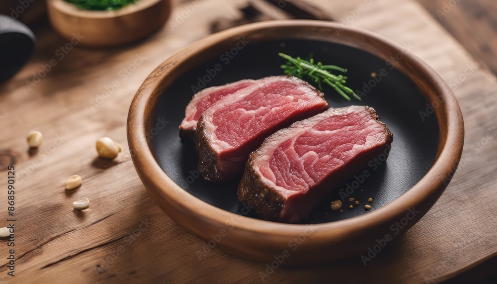 Top view of wagyu a5 on a wooden bowl on a wooden background with copy space Top view of wagyu a5 on a wooden bowl on a wooden background with copy space