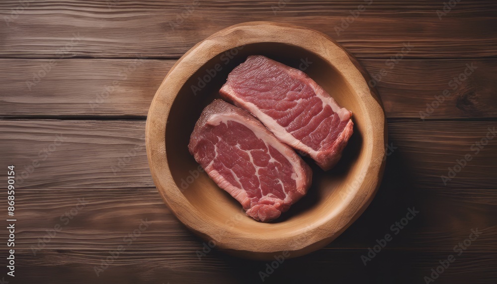 Top view of wagyu a5 on a wooden bowl on a wooden background with copy space Top view of wagyu a5 on a wooden bowl on a wooden background with copy space