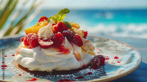 A vibrant shot of Australian pavlova, with its crisp meringue base and vibrant fruit topping, arranged on a stylish plate against a bright, beachy background photo