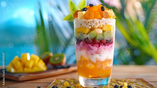 A vibrant shot of Filipino halohalo, with colorful layers of shaved ice, sweet beans, fruits, and leche flan, set against a bright, tropical background with natural lighting photo