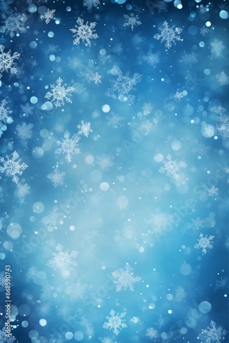 Holiday winter background with snowflakes against a blue bokeh backdrop