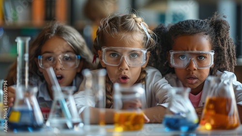 Science Lab Curiosity Kids conducting experiments in a science lab, feeling curious and excited about discovering new things