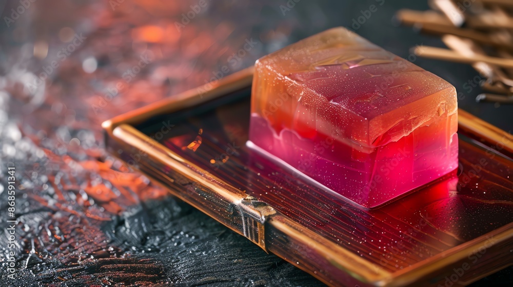 A vibrant shot of yokan, with its smooth, jellylike texture and vibrant colors, placed on a traditional wooden tray with soft, diffused lighting A vibrant shot of yokan, with its smooth, jellylike texture and vibrant colors, placed on a traditional wooden tray with soft, diffused lighting
