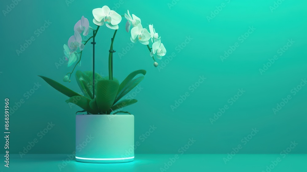 Futuristic orchid with glowing petals in a minimalist design with copy space