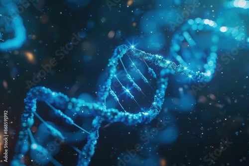 mesmerizing 3d model of dna double helix rendered in luminous electric blue intricate molecular structure floating in dark space highlighting genetic complexity