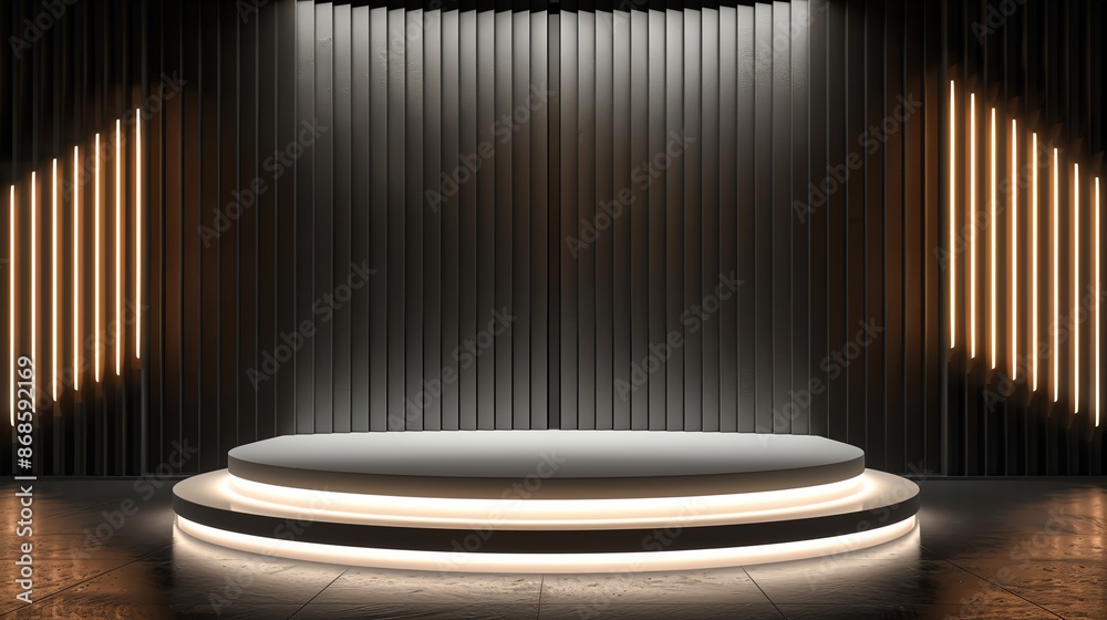 a circular product podium illuminated by bright spotlights a circular product podium illuminated by bright spotlights