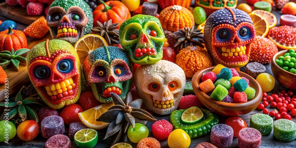 Vibrant colors abound in this still life of assorted spicy Mexican candies, including chili-dusted gummies, sugary skulls, and fruit-flavored treats in festive wrappers. Vibrant colors abound in this still life of assorted spicy Mexican candies, including chili-dusted gummies, sugary skulls, and fruit-flavored treats in festive wrappers.