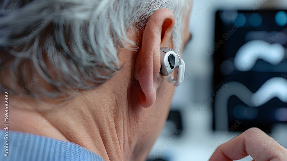 Fototapeta premium Elderly Patient Getting Digital Hearing Aid Adjusted in Medical Clinic