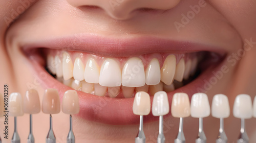 Tooth whitening, perfect white teeth close up with shade guide bleach color. Healthy teeth and medicine concept.