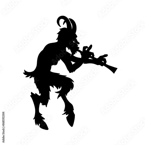 Vector cartoon of demon silhouette with goat feet dancing and playing flute