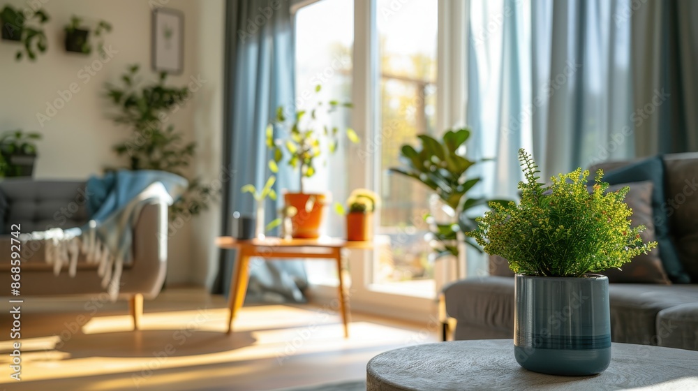 Modern Living Room Decor with Green Plant on Side Table and Natural Light Modern Living Room Decor with Green Plant on Side Table and Natural Light