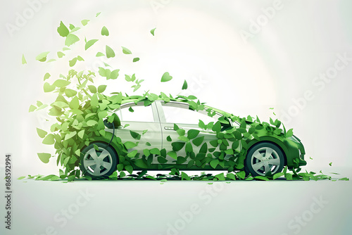 Electric car, clean green energy concept, EV car covered with green plants, illustration,