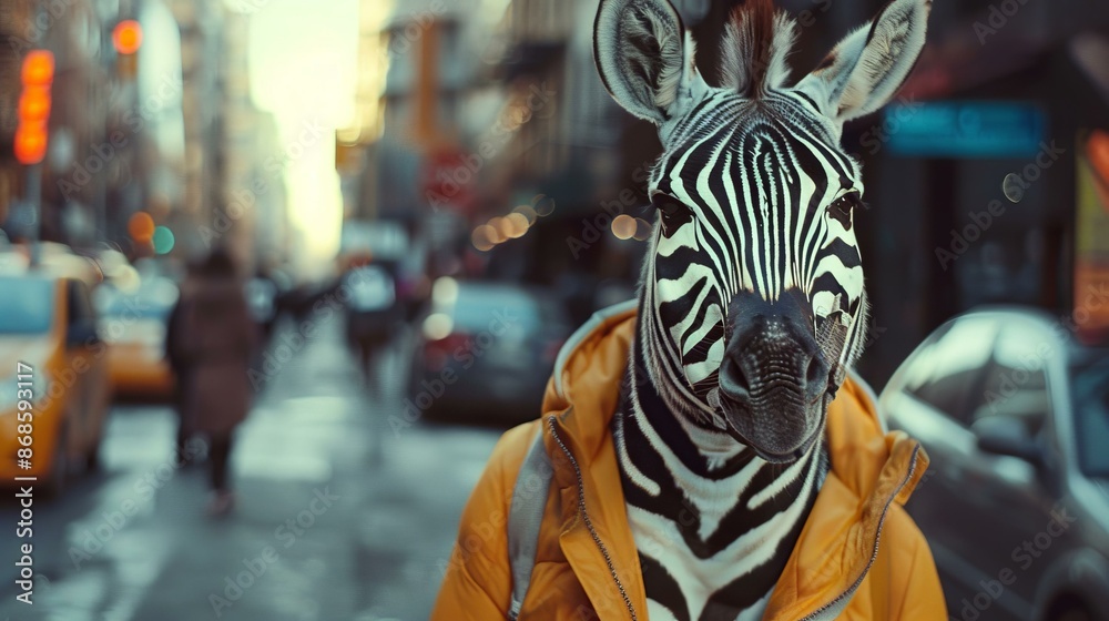 Zebra in the city. Surreal photo of a zebra wearing a yellow jacket in a busy city street, perfect for creative projects.