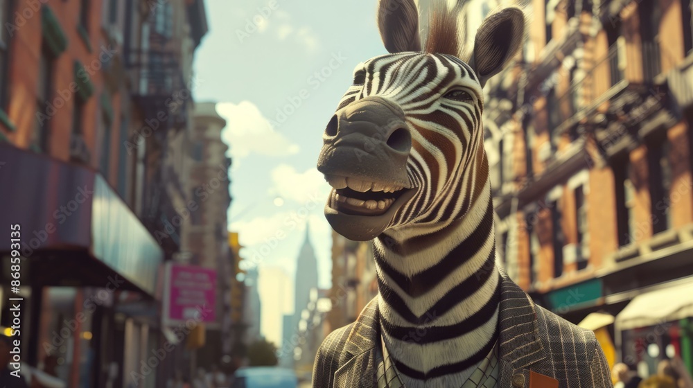 Zebra in the city. A smiling zebra wearing a suit explores a bustling city street with the Empire State Building in the background.