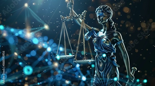 Digital justice. Modern legal concept image featuring Lady Justice statue with blindfold, scales, and network technology background, symbolizing law and technology.