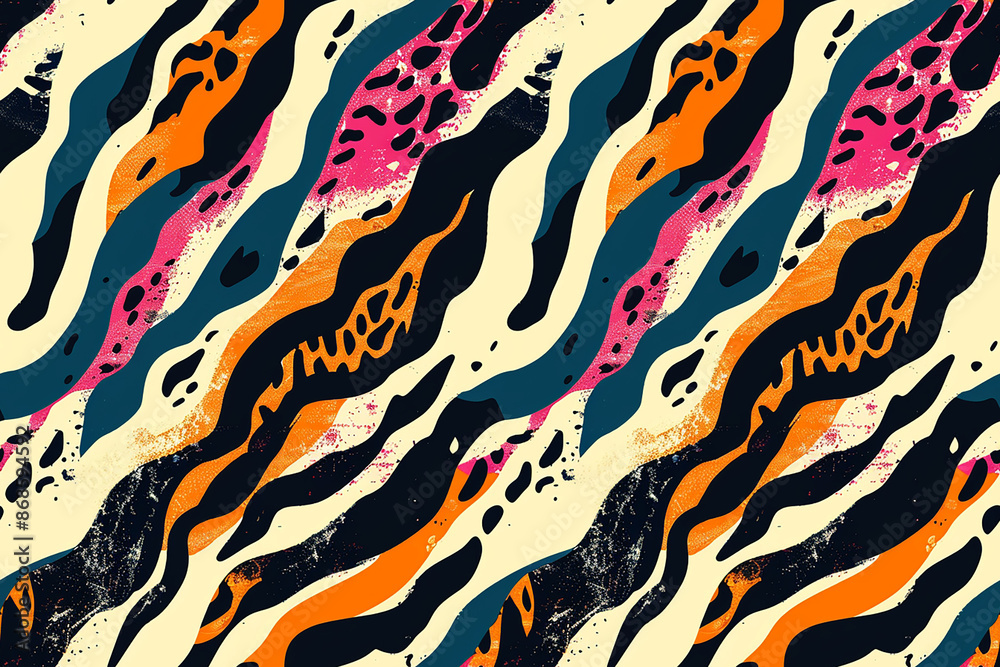 A vibrant seamless pattern with bold abstract shapes in black, orange, pink, and blue on a cream background. Perfect for modern and edgy designs. A vibrant seamless pattern with bold abstract shapes in black, orange, pink, and blue on a cream background. Perfect for modern and edgy designs.