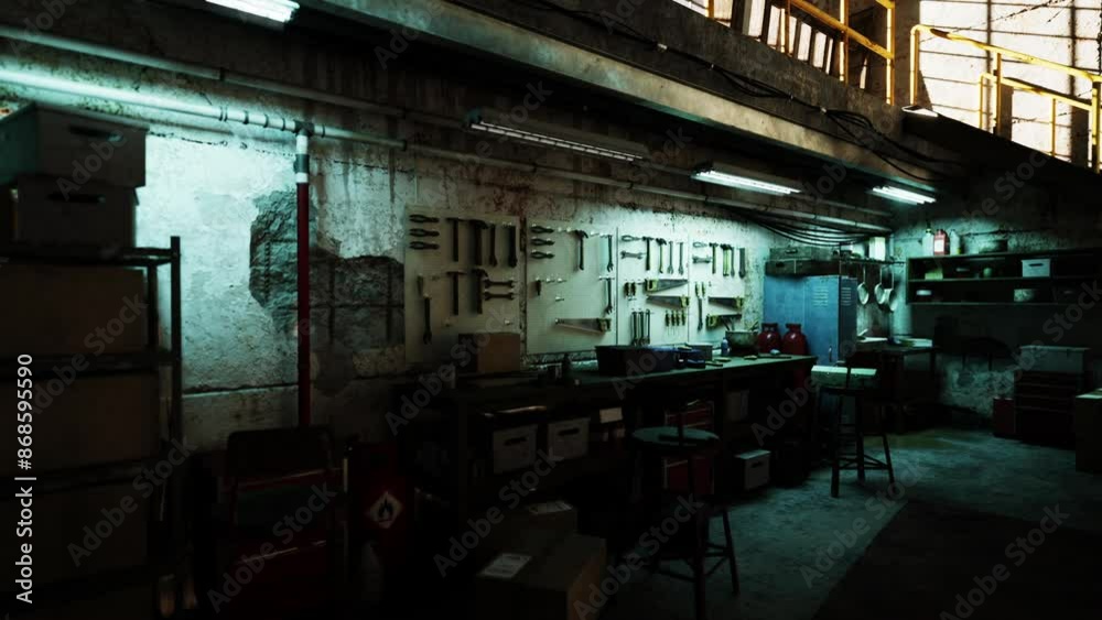 Interior of an old garage workshop featuring dim lighting, multiple tables, and chairs arranged throughout the space. Interior of an old garage workshop featuring dim lighting, multiple tables, and chairs arranged throughout the space.