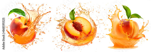 Set of peaches in juice splash isolated
