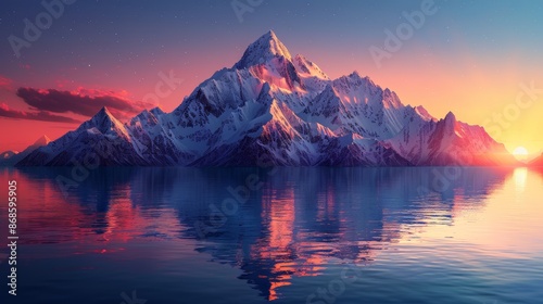 Illustration minimalist of serene mountain range at sunset with vibrant orange and pink hues in the sky, reflected in a calm lake below.