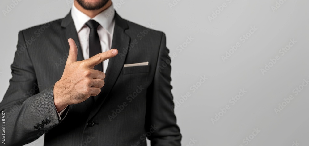 Businessman in a dark suit pointing to the side with a confident gesture, grey background. Professional attire, corporate gesture. Businessman in a dark suit pointing to the side with a confident gesture, grey background. Professional attire, corporate gesture.