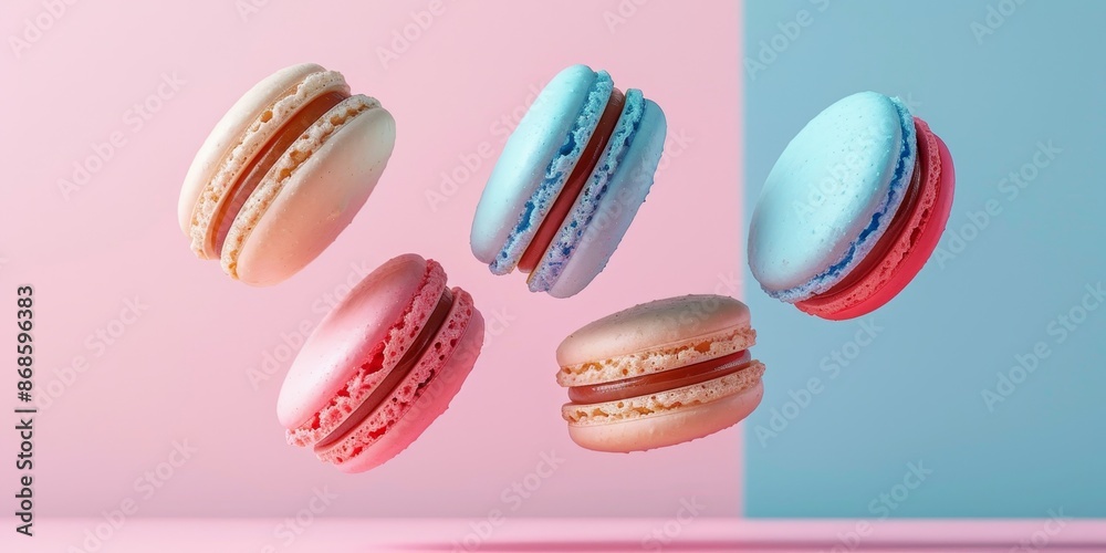 Bright and colorful delicious macarons levitate on a light colored background