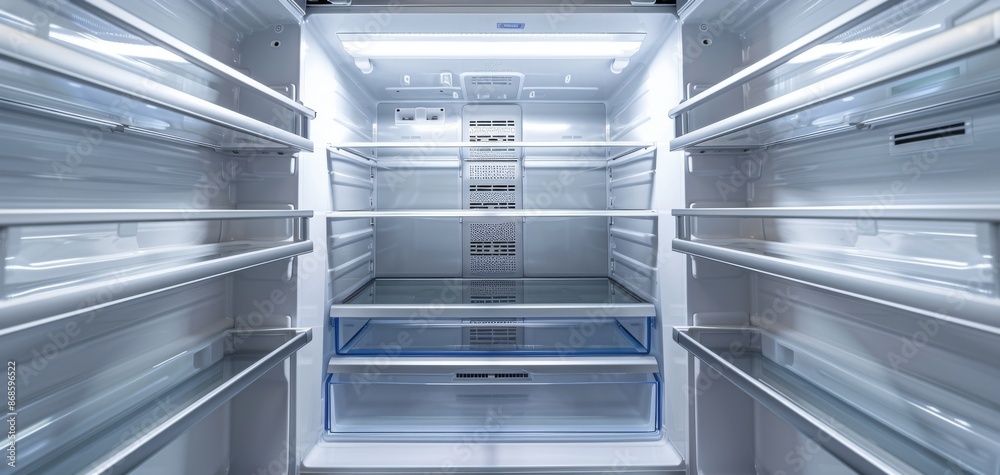 Obraz premium Interior of a modern, empty refrigerator with open doors and bright lighting, showcasing clean shelves and compartments.