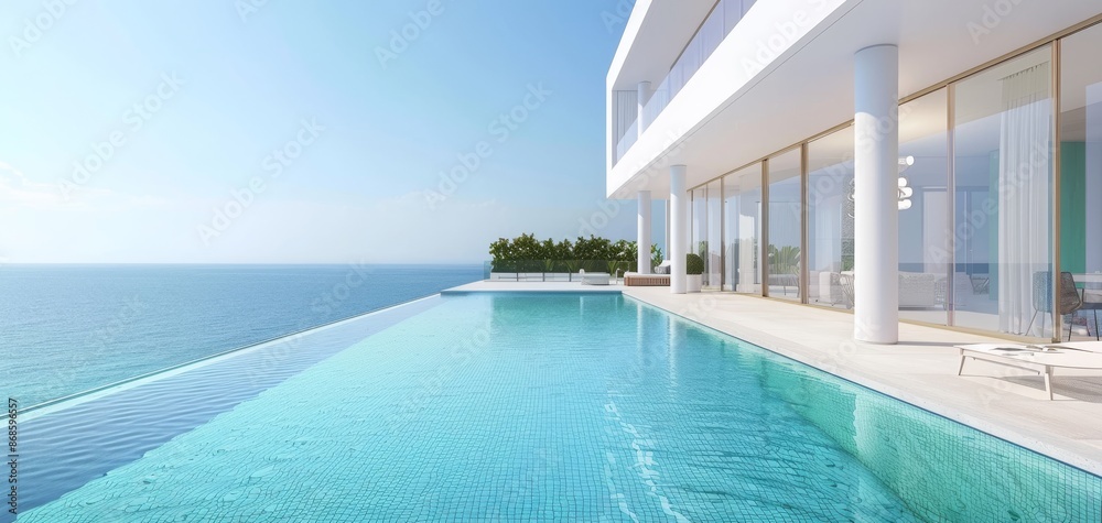 Modern luxury oceanfront villa with infinity pool and stunning sea view on a sunny day. Perfect for holidays and relaxation. Modern luxury oceanfront villa with infinity pool and stunning sea view on a sunny day. Perfect for holidays and relaxation.