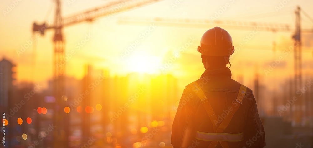 Silhouette of a construction worker at sunset, with cranes in the background, symbolizing progress and development. Silhouette of a construction worker at sunset, with cranes in the background, symbolizing progress and development.