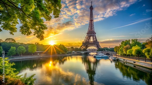 Vibrant morning sunrise casts a golden glow on the iconic Eiffel Tower, surrounded by lush greenery and serene River Seine in picturesque Paris, France.