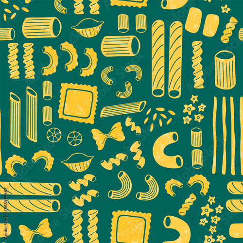 Pasta types seamless pattern on green background. Different shapes of Italian pasta. Spaghetti, Farfalle, penne, rigatoni, ravioli, fusilli,conchiglie, elbows, rotelle, orzo, paccheri illustration.
