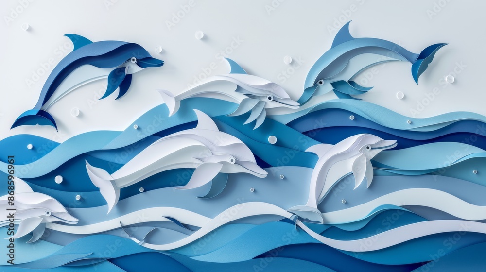 Obraz premium A detailed 3D papercut illustration of a playful group of dolphins leaping from the ocean. Layers of blue and white paper create a dynamic sense of movement, capturing the joy and energy of these