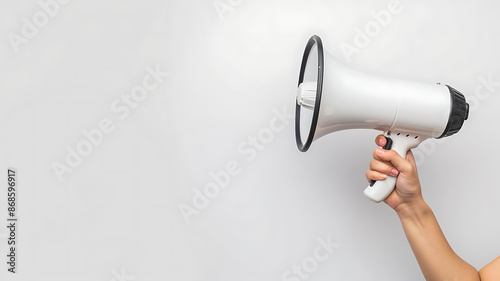 Hand holding megaphone against on white background, promoting marketing and sales. 