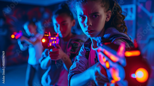 Kids playing Laser Tag. Poster with copy space.