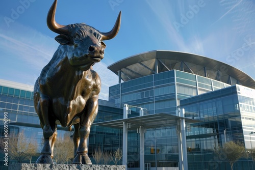 A modern office building with a bull statue in front, symbolizing a bullish market. © NURULAINAA