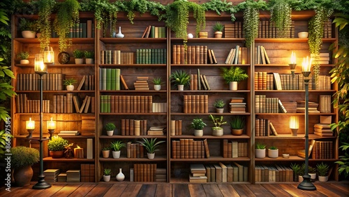 Cozy virtual background featuring a wooden bookshelf with old books, greenery, and warm lighting, perfect for e-learning, video conferencing, and social media presentations.