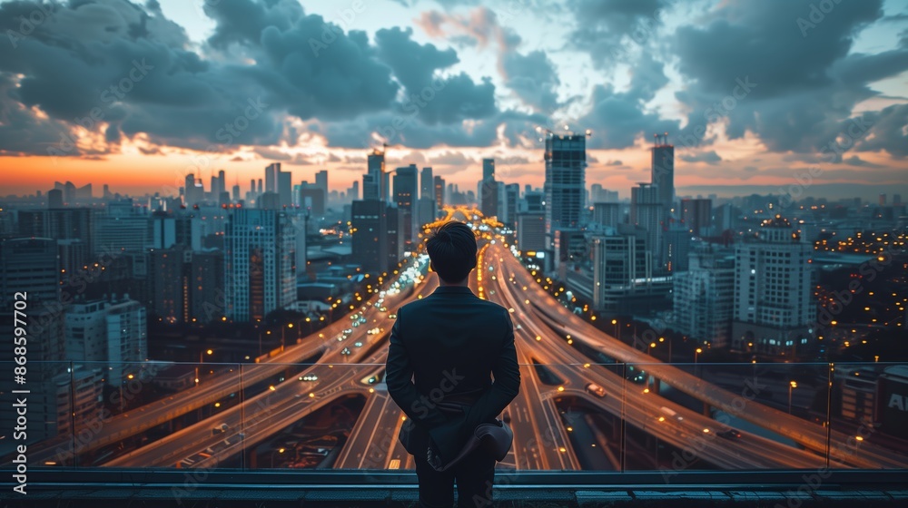 Fototapeta premium Business Figure Overlooking Sunset City Roads Showing Vision Drive Ambition and the Complex Pathways Toward Professional Success